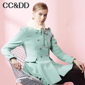 CCDD2014冬装正品新款女装甜美裙摆兔毛领羊毛呢大衣外套