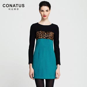 CONATUS/珂尼蒂思女装专柜正品14年冬装拼色羊毛连衣裙