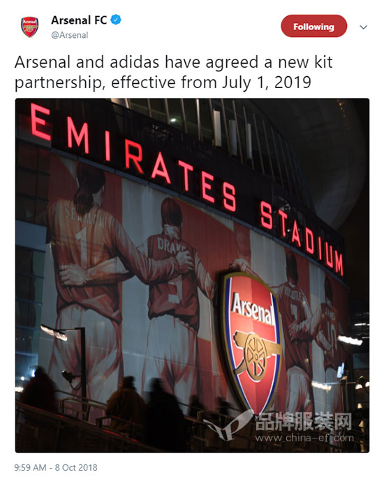 adidas取代PUMA成阿森纳新赞助商 交易价值近3亿英镑